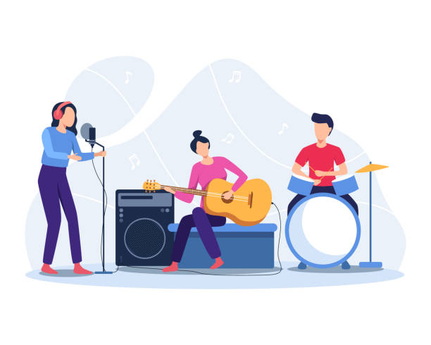 Musicians play musical instruments. Group of musicians playing music, Band concert illustration. Music instruments guitarist drummer, singer artist with microphone. Vector illustration in a flat style